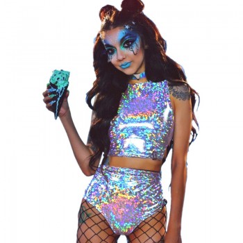 Festival Queen Holographic Crop Top and Hot Shorts Women 2 Piece Sets Sexy Lace Up Festival Party Rave Clothing Two Piece Set